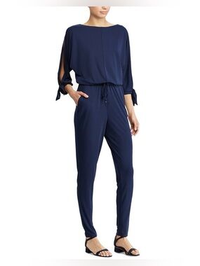 Ralph Lauren Matte Jersey Slit Tie Sleeve Skinny Leg Jumpsuit